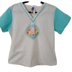 Landau‎ Scrub Top Size 7/9 White Aqua Blue Butterfly Floral Print Nurse